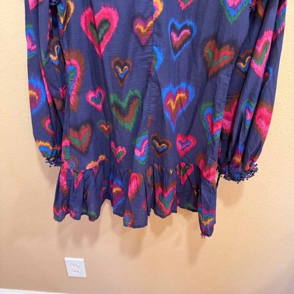 Farm Rio Blue Pink Beaded Tassled Hearts Long Sleeve Mini Dress XS - Picture 3 of 11